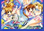  4girls absurdres ass barefoot bikini blush breasts cleavage couple einhart_stratos fate_testarossa feet fish fujima_takuya hand_holding heterochromia highres interlocked_fingers lyrical_nanoha mahou_shoujo_lyrical_nanoha mahou_shoujo_lyrical_nanoha_vivid multiple_girls official_art smile soles swimsuit takamachi_nanoha toes underboob underwater vivio water wet yuri 