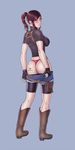  ass belt belt_pouch bike_shorts bike_shorts_under_shorts blue_eyes blush boots breasts brown_hair claire_redfield fingerless_gloves from_behind full_body gloves highres holster knee_boots kneepits large_breasts long_hair looking_back panties ponytail pouch red_panties reptileye resident_evil resident_evil_2 shirt shorts shorts_pull shoulder_holster sidelocks simple_background solo t-shirt thong underwear watermark 