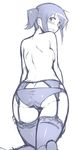  ass back blush breasts garter_belt hidamari_sketch kagami_uekusa kneeling looking_back medium_breasts monochrome nori panties sideboob solo thighhighs topless twintails underwear 