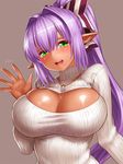  :d bangs blush bow breasts cleavage cleavage_cutout dark_elf dark_skin elf green_eyes grey_background hair_between_eyes hair_bow hair_intakes head_tilt high_ponytail jewelry large_breasts lipstick long_hair long_pointy_ears long_sleeves looking_at_viewer makeup meme_attire mole mole_under_mouth motion_lines necklace open-chest_sweater open_mouth original pendant pointy_ears ponytail purple_hair revision ribbed_sweater simple_background smile solo striped sweater taut_clothes turtleneck upper_body very_long_hair waving yapo_(croquis_side) 