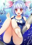  :d blue_hair breasts bubble hair_ribbon hasu_(velicia) highres i-19_(kantai_collection) kantai_collection long_hair medium_breasts name_tag one-piece_swimsuit open_mouth red_eyes ribbon school_swimsuit smile solo star star-shaped_pupils swimsuit symbol-shaped_pupils torpedo twintails underwater 
