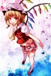  bad_id bad_pixiv_id blonde_hair blush flandre_scarlet frilled_sleeves frills hat highres looking_at_viewer midriff red_eyes s-syogo short_hair short_sleeves skirt solo suspenders thighhighs tongue tongue_out touhou white_legwear wings 