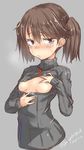  alternate_costume blush breasts breasts_outside brown_eyes brown_hair cleavage_cutout full-face_blush kantai_collection meme_attire nipples open-chest_sweater ribbed_sweater ryuujou_(kantai_collection) short_hair sketch small_breasts solo spirytus_tarou sweat sweater turtleneck twintails twitter_username upper_body 