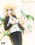  :d artist_name blonde_hair character_name charlotte_dunois dated flower green_eyes infinite_stratos jacket jewelry long_hair looking_at_viewer open_mouth pendant smile solo the-sinner track_jacket track_suit 