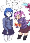  black_legwear blue_eyes blue_hair blush cleavage_cutout genderswap genderswap_(mtf) insect_girl league_of_legends meme_attire multiple_girls nam_(valckiry) open-chest_sweater personification purple_hair ribbed_sweater scorpion_girl short_hair skarner skirt socks stinger sweater twintails white_legwear xerath yellow_eyes 