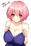  :3 blush breasts brown_eyes cleavage competition_school_swimsuit covered_nipples dated itou_nanami large_breasts one-piece_swimsuit original pink_hair short_hair solo swimsuit upper_body 