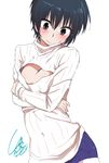  bad_id bad_pixiv_id bangs black_hair blush breast_conscious cleavage_cutout contrapposto covered_navel cowboy_shot crossed_arms denim denim_shorts doumoto_yuuki embarrassed flat_chest grey_eyes head_tilt long_sleeves looking_down meme_attire no_bra official_art open-chest_sweater oversized_clothes ribbed_sweater rivnes saijou_asuka short_hair shorts signature simple_background sketch solo standing sweatdrop sweater turtleneck white_background 