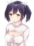  3: aqua_eyes bad_id bad_twitter_id black_hair blush breasts cleavage cleavage_cutout kantai_collection komachi_narota large_breasts meme_attire necktie open-chest_sweater ribbed_sweater short_hair simple_background sketch solo souryuu_(kantai_collection) sweater turtleneck twintails upper_body white_background 