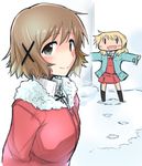  blonde_hair brown_eyes brown_hair coat hidamari_sketch kagami_uekusa kneehighs long_hair miyako multiple_girls outstretched_arms school_uniform short_hair skirt smile snow spread_arms wide_face yuno |_| 