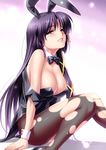  animal_ears black_hair blush bow bowtie breasts bunny_ears bunnysuit cleavage detached_collar hair_ribbon highres kurugaya_yuiko large_breasts little_busters! long_hair pantyhose parted_lips purple_eyes ribbon sitting solo tailcoat torn_clothes torn_legwear very_long_hair wrist_cuffs zen 