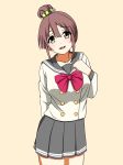  1girl :d arm_at_side blush bow brown_eyes brown_hair flower grey_skirt hair_bun hair_flower hair_ornament hand_up looking_at_viewer mitsuhiro-510-goto open_mouth pleated_skirt red_bow sakura_quest school_uniform serafuku shinomiya_shiori simple_background skirt smile solo standing 