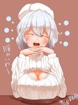  :d arm_rest blush breast_rest breasts cleavage cleavage_cutout colored_eyelashes commentary_request dated downscaled fingers_together grey_hair hat head_tilt highres huge_breasts letty_whiterock md5_mismatch meme_attire open-chest_sweater open_mouth pyonsuke_(pyon2_mfg) resized ribbed_sweater simple_background sketch smile solo sweater teeth tongue touhou translated turtleneck 