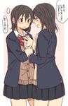  2girls black_eyes black_hair blazer blush bow breast_grab cardigan cowboy_shot grabbing guided_breast_grab hachiko_(hati12) jacket long_hair multiple_girls mutual_grabbing original school_uniform skirt spoken_ellipsis translated yuri 