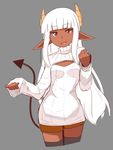  black_legwear cleavage_cutout cowboy_shot cropped_legs dark_skin demon_girl demon_tail flat_chest highres horns long_hair meme_attire niseoto open-chest_sweater original pointy_ears red_eyes ribbed_sweater shorts sleeves_past_wrists solo sweater tail thighhighs turtleneck white_hair 