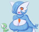 2girls alternate_color blue_hair blush breasts cleavage furry gardevoir green_hair huge_breasts jcdr lucy_(jcdr) multiple_girls nougat_(jcdr) open-chest_sweater orange_eyes pokemon red_eyes shiny_pokemon sweater 