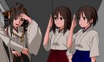  :d ahoge akagi_(kantai_collection) anime_coloring black_eyes brown_hair detached_sleeves female_admiral_(kantai_collection) hairband kaga_(kantai_collection) kantai_collection kinosuke_(sositeimanoga) kongou_(kantai_collection) long_hair multiple_girls nontraditional_miko open_mouth pleated_skirt salute side_ponytail skirt smile sweat 