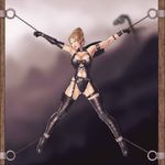  bdsm black_gloves bondage boots bound breasts brown_hair chain chained circlet cleavage closed_eyes gloves large_breasts leotard lips lipstick long_hair makeup mismatched_gloves ninja_gaiden ponytail rachel_(ninja_gaiden) reptileye solo thigh_boots thighhighs 