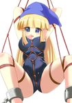  1girl ankle_cuffs arms_over_head bdsm blonde_hair blue_eyes bondage bound crotch_rope cuffs hat long_hair madou_monogatari one-piece_swimsuit paketto puyopuyo rope shackles shibari suspension swimsuit tears tied_up witch_(puyopuyo) 
