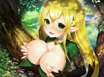  09x blonde_hair braids breast_hold breasts close elbow_gloves forest gloves green_eyes leaves long_hair nipples open_shirt original pointed_ears tree 