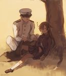  1girl admiral_(kantai_collection) blanket brown_hair closed_eyes commentary_request covering_with_blanket glasses kantai_collection long_hair military military_uniform mochizuki_(kantai_collection) rom_(romshiro) school_uniform serafuku sleeping tree twitter_username uniform zzz 