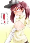  1girl admiral_(kantai_collection) assisted_exposure blush breastless_clothes brown_hair cleavage_cutout clothes_pull flat_chest kantai_collection meme_attire nipples open-chest_sweater pulled_by_another ribbed_sweater ryuujou_(kantai_collection) sweater sweater_pull takorice turtleneck twintails visor_cap 
