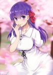  1girl arm_behind_back bangs black_ribbon blurry blurry_background breasts brll cherry_blossoms collarbone dress eyebrows_visible_through_hair fate/stay_night fate_(series) hair_between_eyes hair_ribbon highres large_breasts leaning_forward long_hair looking_at_viewer matou_sakura purple_eyes purple_hair red_ribbon rei_no_himo ribbon shiny shiny_hair short_sleeves signature smile solo standing sundress white_dress 