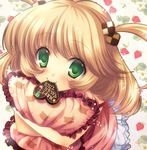  blonde_hair chocolate chocolate_heart cookie food green_eyes hair_ornament happy_valentine heart looking_at_viewer mitsumomo_mamu mouth_hold original pillow pillow_hug short_hair smile solo two_side_up valentine 