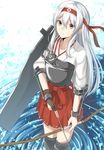  arrow boots bow_(weapon) brown_eyes brown_gloves gen_(gen_7254) gloves hakama_skirt headband highres japanese_clothes kantai_collection light_smile long_hair looking_at_viewer muneate partly_fingerless_gloves pleated_skirt red_skirt ribbon-trimmed_skirt ribbon_trim ripples shoukaku_(kantai_collection) single_glove skirt solo standing standing_on_liquid thigh_boots thighhighs weapon white_hair yugake 