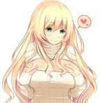  alternate_costume aqua_eyes atago_(kantai_collection) breast_suppress breasts cleavage cleavage_cutout heart kantai_collection koruta_(nekoimo) large_breasts long_hair meme_attire open-chest_sweater ribbed_sweater simple_background smile solo spoken_heart sweater turtleneck upper_body white_background 