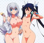  2girls areolae blue_eyes blue_hair breasts edit flat_chest hair_ribbon large_breasts looking_at_viewer multiple_girls navel nipples nude nude_filter open_clothes ore_twintail_ni_narimasu photoshop pussy silver_hair smile standing tongue tongue_out tsube_aika twintails twoearle uncensored 