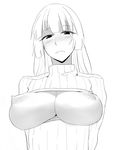  arms_behind_back bad_id bad_tumblr_id bangs blush breastless_clothes breasts breasts_outside cleavage_cutout embarrassed framed_breasts greyscale large_breasts long_hair looking_at_viewer meme_attire monochrome nipples noccu open-chest_sweater original perky_breasts ribbed_sweater shoulder_pads sketch solo sweater turtleneck 