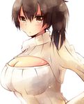  blush breasts brown_eyes brown_hair cleavage cleavage_cutout heart heart-shaped_pupils kaga_(kantai_collection) kantai_collection large_breasts looking_at_viewer meme_attire nano_(cherry_line) open-chest_sweater ribbed_sweater short_hair side_ponytail simple_background solo sweater symbol-shaped_pupils upper_body white_background 