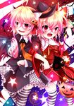  :d animal_ears arm_hug blonde_hair candy cape cat_ears cat_tail fang fangs flandre_scarlet food hair_ribbon halloween highres holding kemonomimi_mode kuroyume_(dark495) laevatein lollipop long_hair looking_at_viewer multiple_girls open_mouth red_eyes ribbon rumia short_hair smile striped striped_legwear tail thighhighs touhou wings zettai_ryouiki 