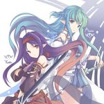  aqua_eyes aqua_hair asuna_(sao) asuna_(sao-alo) closed_mouth faefaea holding holding_sword holding_weapon long_hair looking_at_viewer pointy_ears purple_hair red_eyes smile straight_hair sword sword_art_online teal_hair weapon yuuki_(sao) 