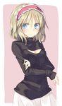  alice_margatroid alternate_costume blonde_hair blue_eyes blush breasts cleavage cleavage_cutout hairband looking_at_viewer medium_breasts meme_attire open-chest_sweater ribbed_sweater satou_kibi short_hair simple_background solo sweater touhou turtleneck 