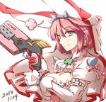  belt blue_eyes blush breasts bridal_veil cleavage clover cravat dated dress earrings elphelt_valentine four-leaf_clover gloves guilty_gear guilty_gear_xrd gun hairband heart holding holding_gun holding_weapon jewelry kuro_goma_(kakkou11) large_breasts long_sleeves pink_hair pink_ribbon puffy_long_sleeves puffy_sleeves ribbon short_hair shotgun simple_background smile solo spikes veil weapon white_background white_gloves 
