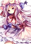  capelet coat crescent dress hair_ribbon hat highres long_hair looking_at_viewer mob_cap open_clothes open_coat patchouli_knowledge purple_dress purple_eyes purple_hair ribbon solo striped striped_dress touhou tress_ribbon ukita_uuko very_long_hair 