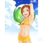  1girl :d absurdres arm_up armpits ball beachball bikini bikini_shorts blue_sky blush brown_hair cloud cowboy_shot day flat_chest hair_ornament hairclip highres holding holding_ball idolmaster idolmaster_cinderella_girls kanamura_will looking_at_viewer navel open_mouth orange_eyes outdoors ryuuzaki_kaoru shiny shiny_hair short_hair shorts signature sky smile solo standing swimsuit yellow_bikini 