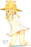  2014 ;d blonde_hair blush breasts cleavage dated hair_ribbon hat ishikkoro looking_at_viewer meme_attire moriya_suwako one_eye_closed open-chest_sweater open_mouth ribbed_sweater ribbon short_hair small_breasts smile solo sweater thighhighs touhou white_legwear yellow_eyes 
