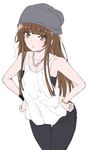  amagami bangs bare_shoulders beanie blunt_bangs bracelet brown_eyes brown_hair collarbone cowboy_shot denim fashion hands_on_hips hat hime_cut jeans jewelry kamizaki_risa long_hair looking_at_viewer necklace pants pantyhose shouji_nigou simple_background solo tank_top thigh_gap triangle_mouth white_background 