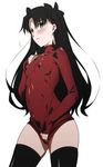  black_hair black_legwear blush breasts collarbone covered_navel covered_nipples cowboy_shot fate/stay_night fate_(series) green_eyes hair_ribbon hand_on_own_chest highres impossible_clothes impossible_shirt long_hair niko_(tama) no_panties ribbon shirt shirt_tug simple_background skin_tight sleeves_past_wrists small_breasts solo thighhighs toosaka_rin white_background 