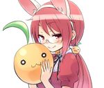  :3 animal_ears bad_id bad_pixiv_id blush bunny_ears character_request food fruit glasses hair_ornament kuinji_51go long_hair looking_at_viewer orange red_eyes red_hair smile twintails 