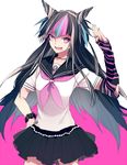  barbell_piercing black_hair black_skirt blue_hair danganronpa elbow_gloves fingerless_gloves gloves gradient_eyes hand_on_hip hizu_(kurohistuji) jewelry lip_piercing long_hair mioda_ibuki multicolored multicolored_eyes multicolored_hair nail_polish necklace piercing pink_eyes pink_hair pleated_skirt purple_eyes school_uniform serafuku single_glove skirt smile solo striped striped_gloves super_danganronpa_2 white_hair 