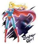  1girl belt blonde_hair blue_eyes bodysuit boots cape character_name crossed_arms dc_comics kryptonian long_hair red_boots red_cape s_shield solo space supergirl superman_(series) 
