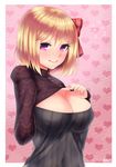  blonde_hair breasts buttons casual checkered checkered_background cleavage cleavage_cutout doyouwantto hair_ribbon heart highres lace large_breasts long_sleeves looking_at_viewer meme_attire open-chest_sweater pink_background purple_eyes ribbed_sweater ribbon rumia short_hair signature smile solo sweater touhou upper_body 