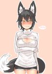  animal_ears black_hair blush breast_hold breasts cleavage cleavage_cutout cowboy_shot embarrassed fox_ears fox_tail frown ganesagi large_breasts looking_to_the_side meme_attire nanashi_(ganesagi) open-chest_sweater original ribbed_sweater short_hair short_shorts shorts simple_background sleeves_past_wrists solo spoken_blush sweater tail turtleneck yellow_eyes 