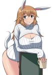  animal_ears blue_eyes breasts brown_hair bunny_ears charlotte_e_yeager cleavage cleavage_cutout cup grin komusou_(jinrikisha) large_breasts long_hair meme_attire mug no_pants open-chest_sweater panties sleeves_past_wrists smile solo strike_witches sweater tail underwear world_witches_series 