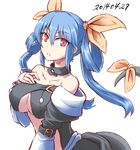  bare_shoulders belt blue_hair breasts choker collarbone dated detached_sleeves dizzy guilty_gear hair_ribbon hair_rings hand_on_own_chest kuro_goma_(kakkou11) large_breasts long_hair long_sleeves red_eyes ribbon simple_background solo tail tail_ribbon twintails underboob white_background 