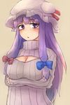  bow breasts cleavage cleavage_cutout crescent crossed_arms hair_bow hat large_breasts long_hair masa_(neku) meme_attire open-chest_sweater patchouli_knowledge purple_eyes purple_hair ribbed_sweater sidelocks sketch solo sweater touhou turtleneck 