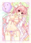  2014 :3 :d ahoge ameto_yuki animal_ear_fluff animal_ears areolae artist_name bikini blush bow breasts brown_eyes cat_ears cleavage convenient_censoring food frilled_bikini frills garter_belt garters hair_bow hair_ornament hairclip heart highres jewelry large_breasts long_hair looking_at_viewer lying macaron macaron_(ameto_yuki) multicolored multicolored_nails nail_polish navel necklace on_back open_clothes open_mouth original pillow pink_hair pussy smile solo swimsuit thighhighs white_legwear 